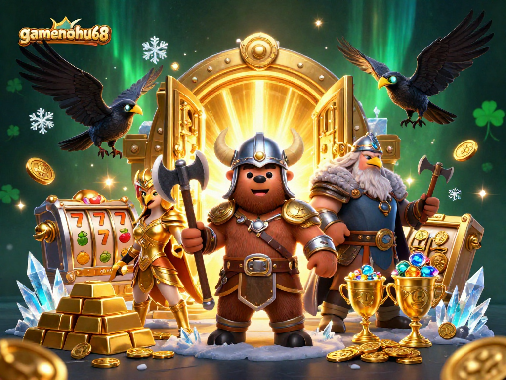Join the excitement of gamenohu68 with a vibrant 3D casino scene bursting with winning gold!