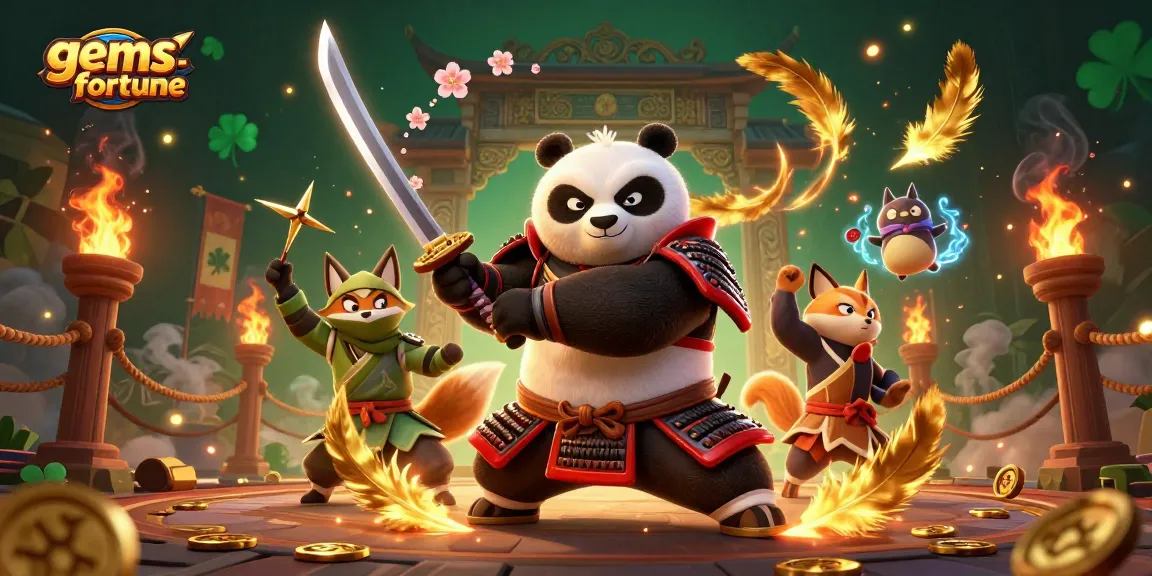 Engage with gems-fortune in a vibrant 3D casino world, featuring samurai panda and ninja fox.