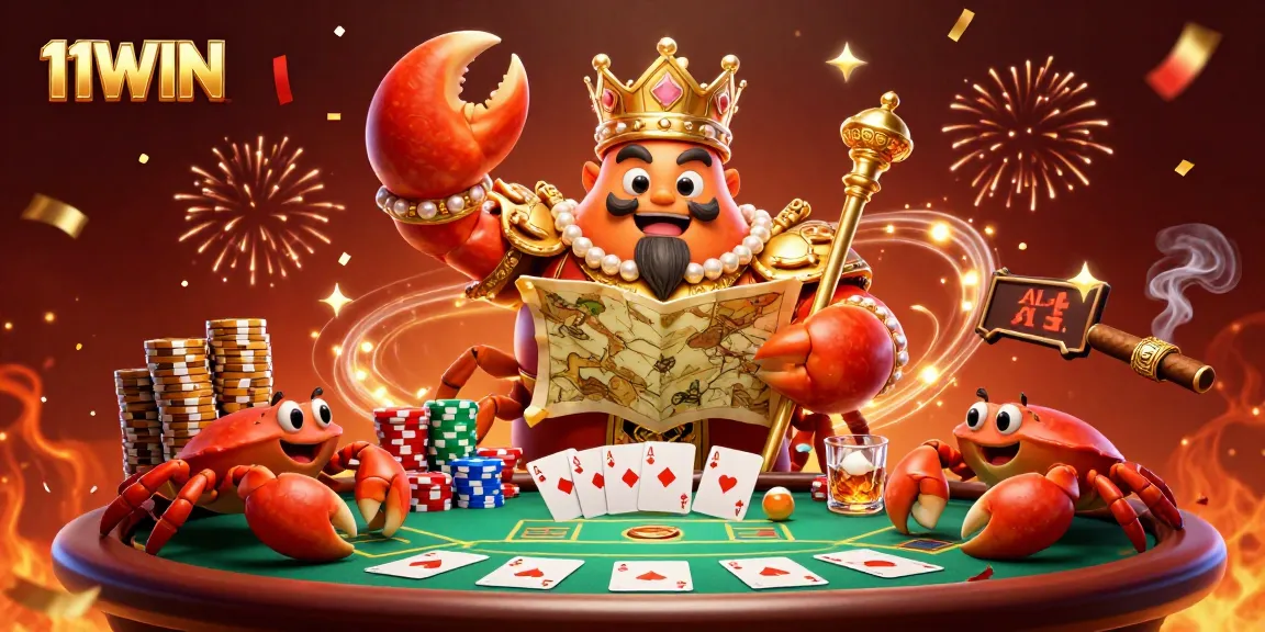 Experience the thrill of 11WIN with a golden crab emperor amidst colorful poker elements.