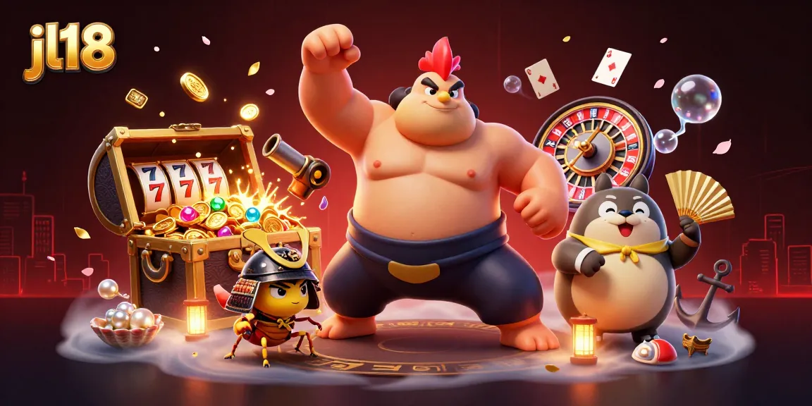Experience exhilarating gameplay at jl18 with sumo rooster and samurai cricket amidst casino treasures.