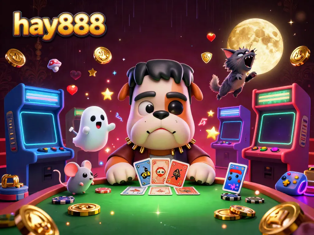 Engage with hay888 as a Frankenstein bulldog monster deals cards at a spooky casino table.