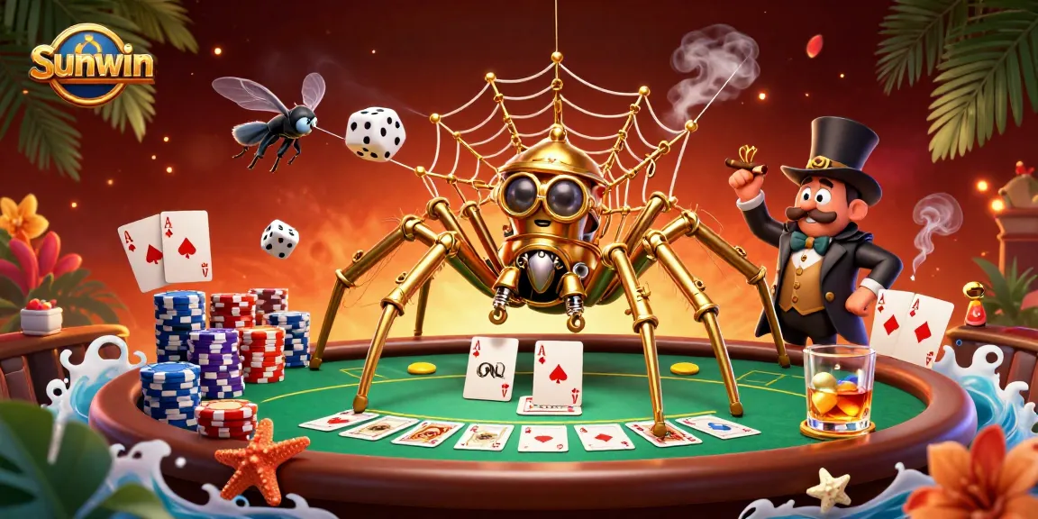 Sunwin's steampunk spider creates a golden web of poker winnings while a fly gentleman watches in amusement.