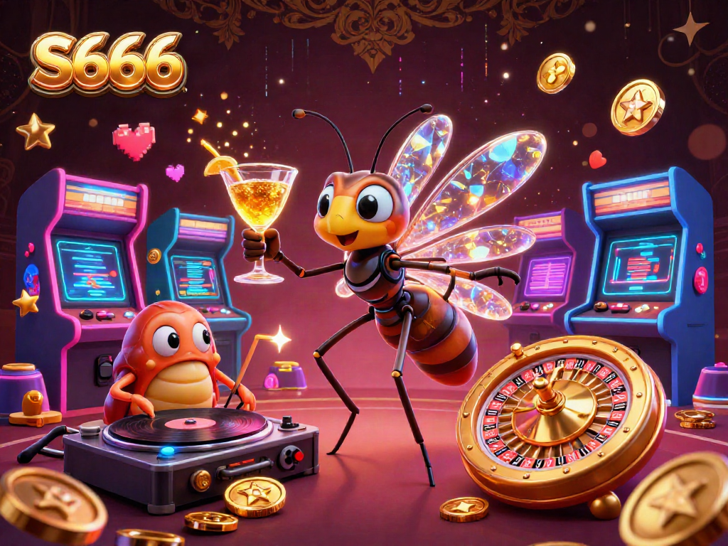 S666 casino mascot brings excitement to the gaming scene with vibrant elements and a golden cocktail