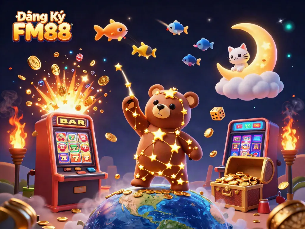 Experience the thrill of Đăng Ký FM88 with a dazzling jackpot scene featuring golden stars and casino symbols.