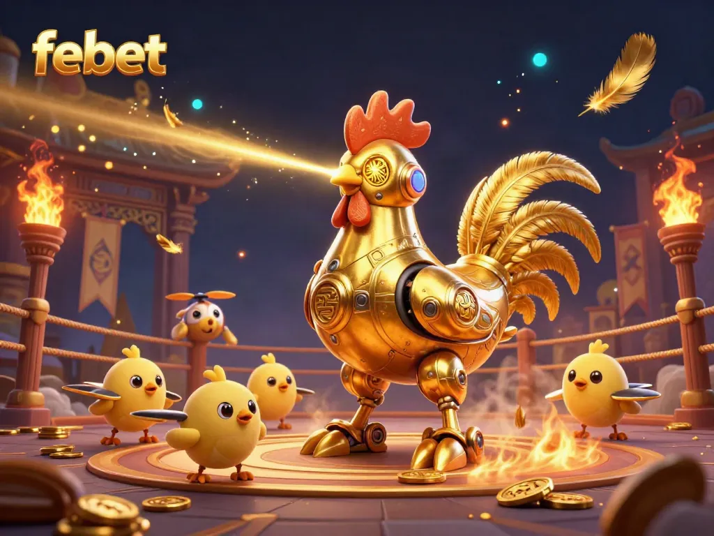 Experience thrilling gameplay with febet's vibrant golden rooster robot shooting lasers amidst a dynamic casino scene.