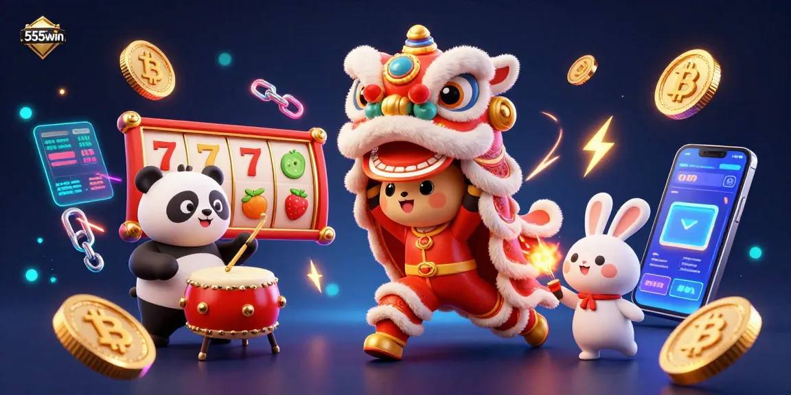 Engage in the thrilling 555win gaming experience with a festive illustration of a lively lion dance alongside crypto elements.