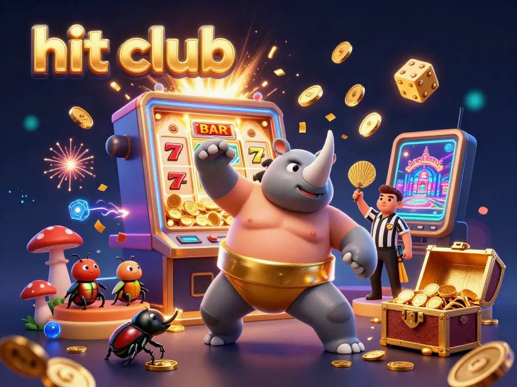 Experience the excitement at hit club with a vibrant 3D scene of a beetle sumo champion amidst flying coins and vibrant casino elements.