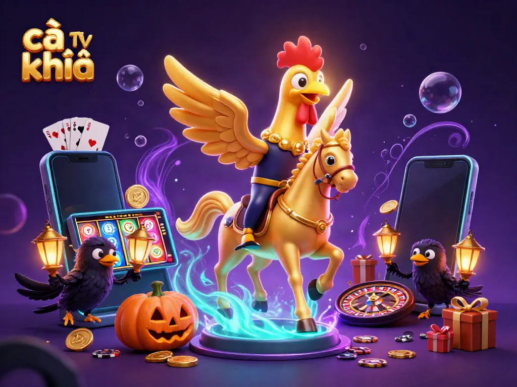 Cà khịa tv showcases a golden rooster riding in a vibrant casino, surrounded by gaming elements.