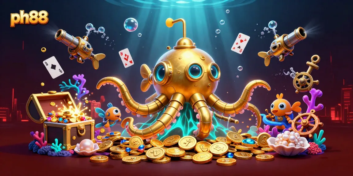 Experience thrilling wins at ph88 with the golden kraken submarine in a vibrant 3D casino scene.