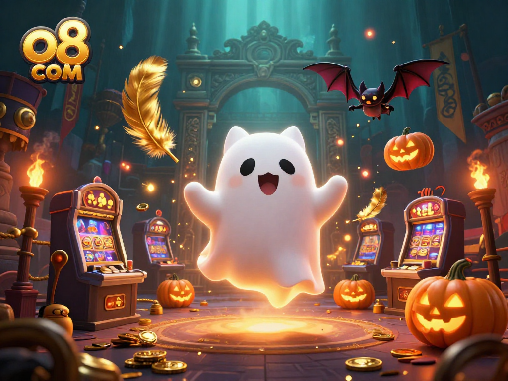 Experience thrilling gaming adventures with o8 com in a vibrant haunted casino scene filled with playful ghosts and treasure.