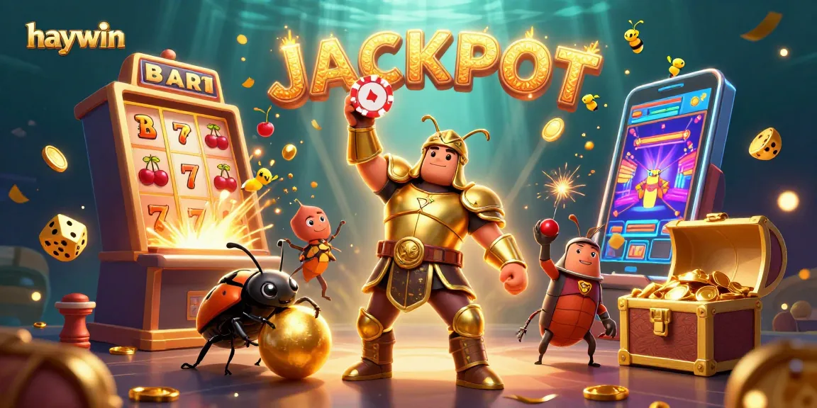 Experience the exciting world of haywin as a beetle triumphantly lifts a poker chip over a jackpot explosion.