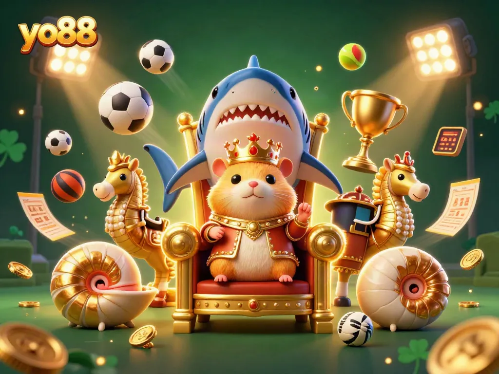 Experience thrilling gaming action at yo88 with a vibrant 3D scene of a hamster king and casino elements.