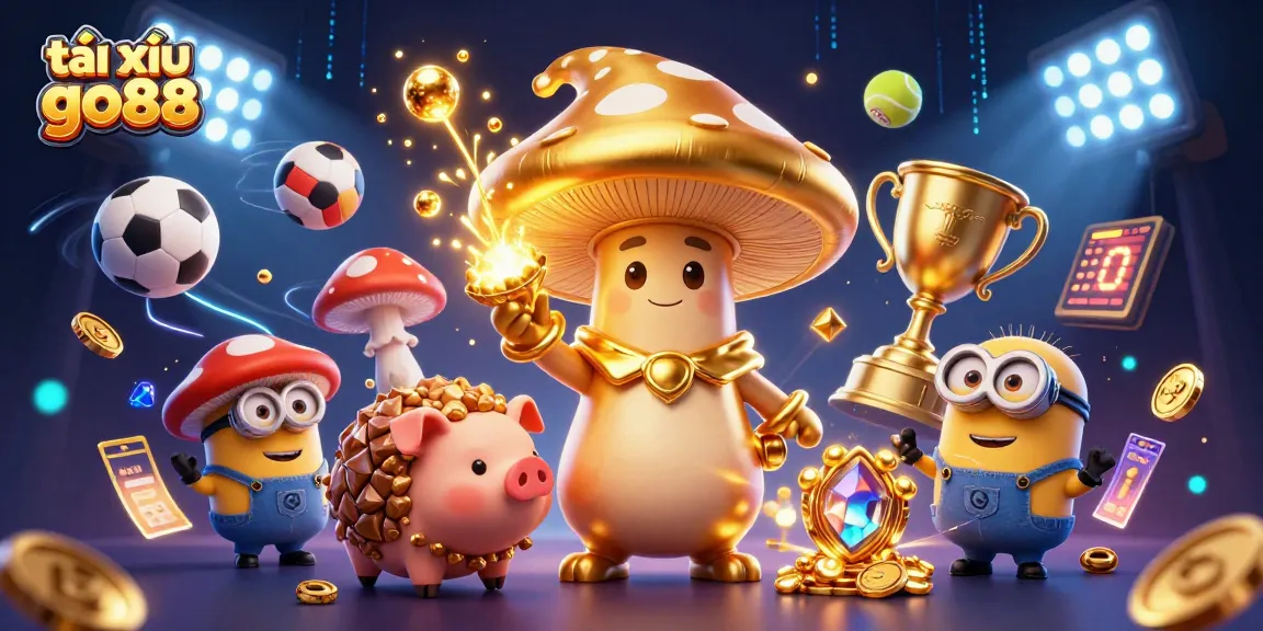 Tài xỉu go88 depicts a magical scene where a golden wizard and a treasure-hunting pig celebrate dynamic sports betting.