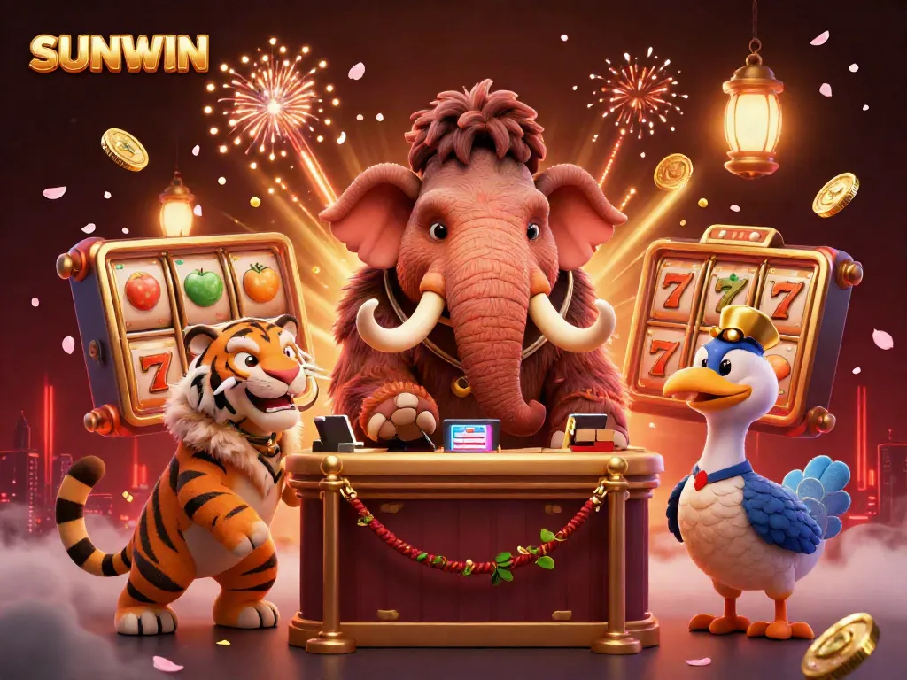 Experience the dazzling world of SUNWIN with a vibrant casino scene featuring a 3D woolly mammoth bouncer and a saber-tooth tiger VIP guest.