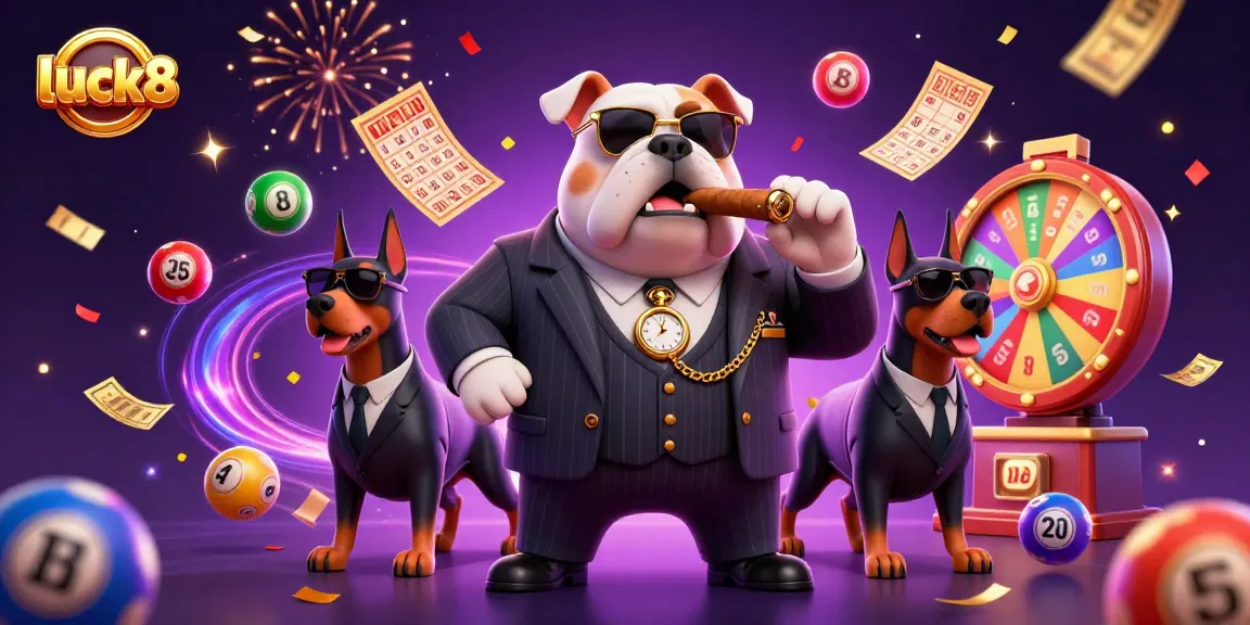 Engage with luck8's exciting lottery and casino elements in a vibrant, dynamic scene featuring a mafia bulldog and Doberman bodyguards.