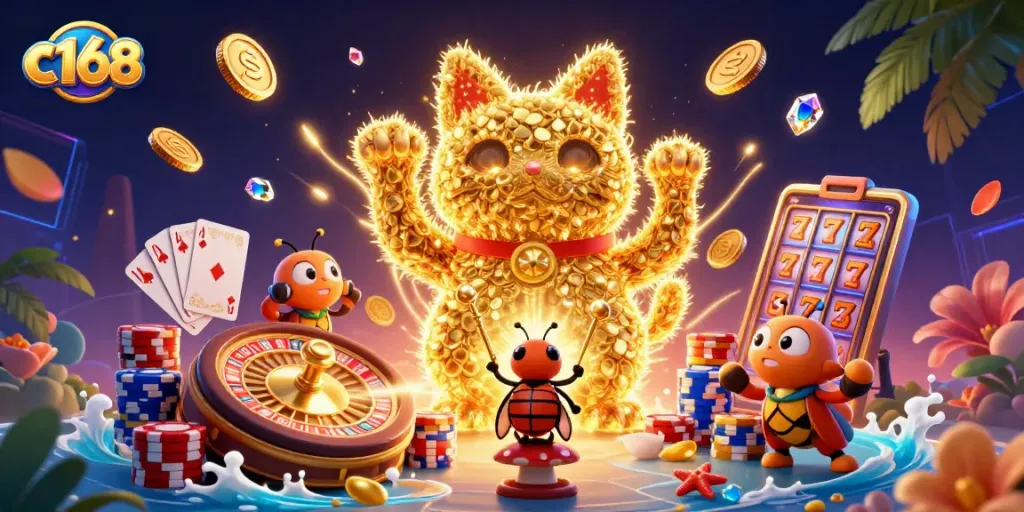 Experience the thrill of c168 with a vibrant lucky cat scene, sparkling gems, and casino elements.