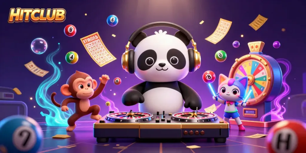 Experience HITCLUB with a vibrant scene of a DJ panda spinning at a casino dance party surrounded by lottery elements
