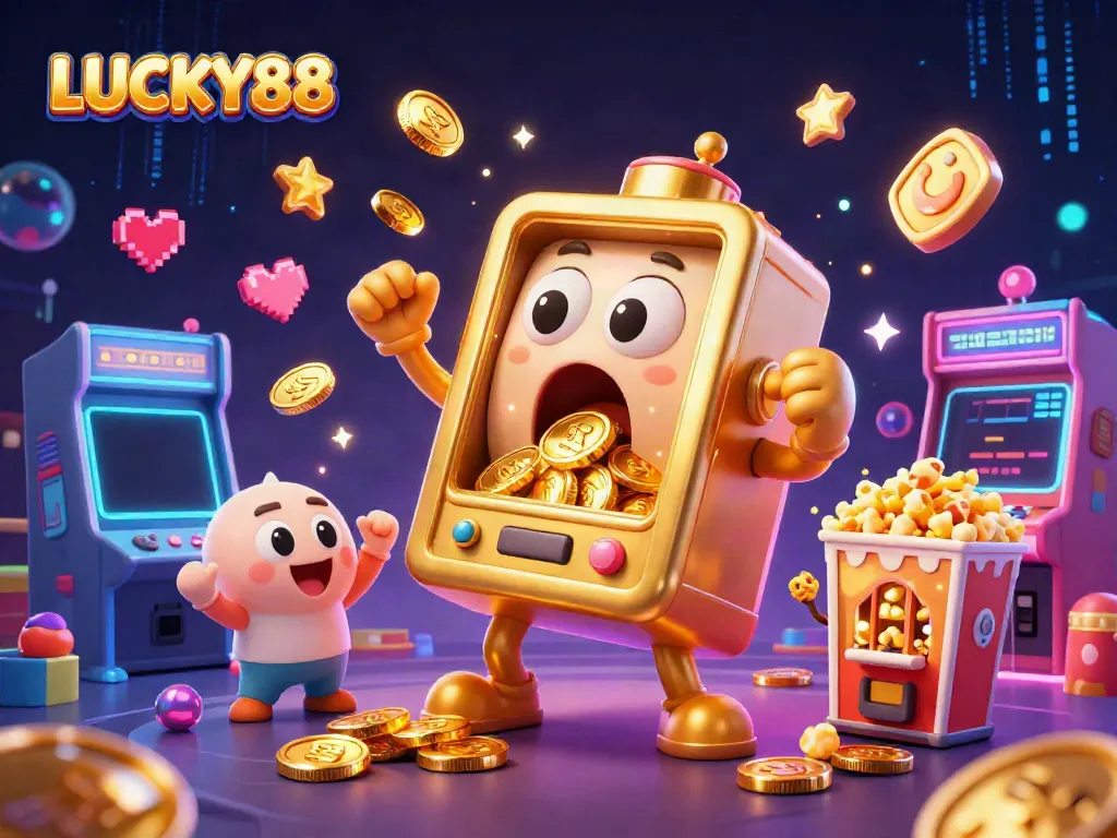 Experience the excitement of LUCKY88 as a golden slot machine hits a jackpot, surrounded by cheering machines and arcade elements.