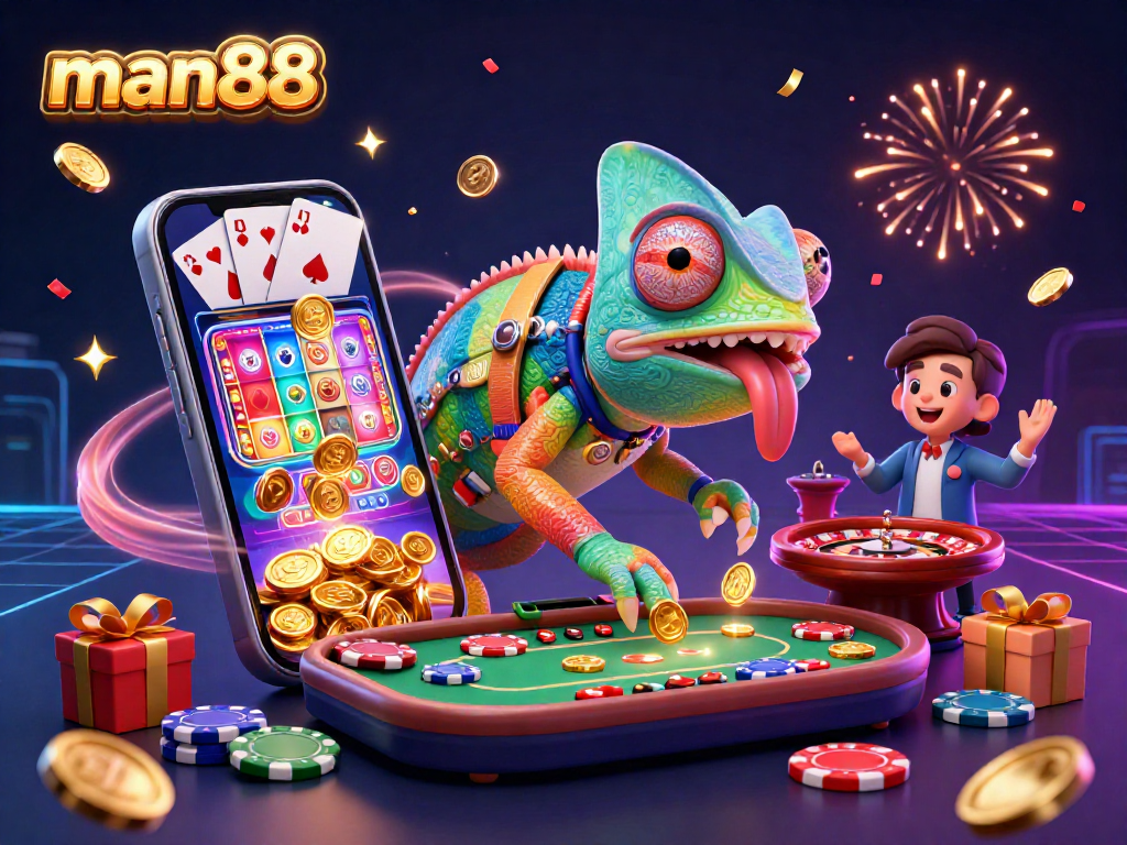 Get ready to play at man88 with our vibrant chameleon casino owner amidst colorful games.