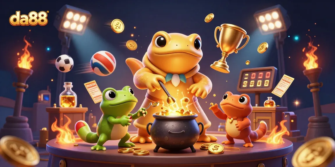 Bet on da88 to win as the alchemist transforms metals into gold coins amidst sports elements.