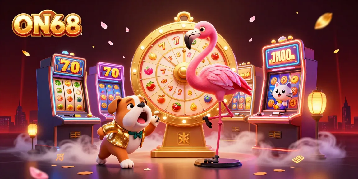 Spin the golden prize wheel at ON68 with exciting 3D characters and vibrant casino action.