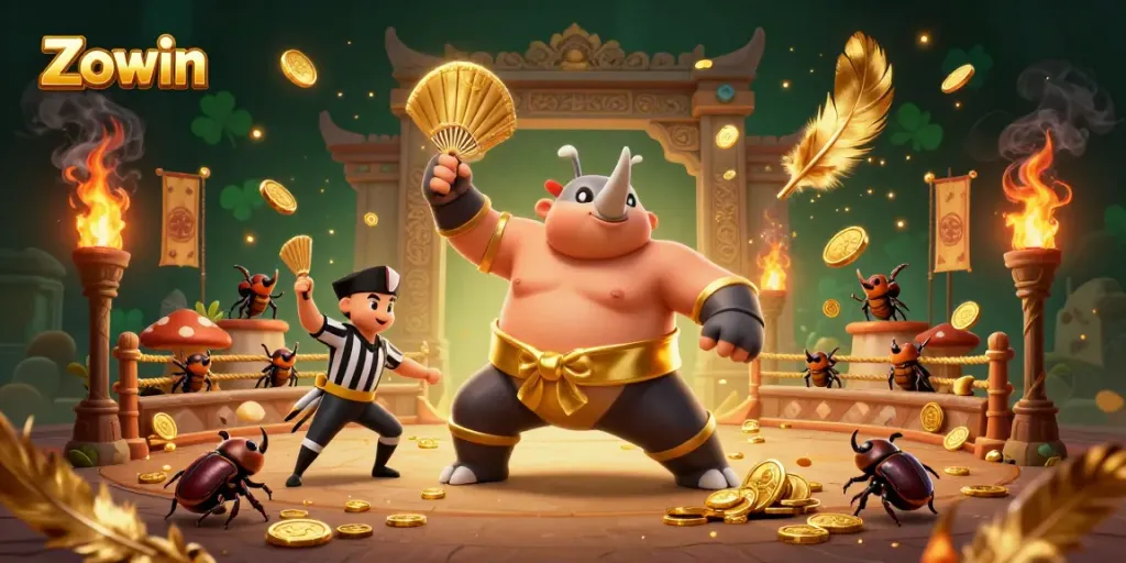 Zowin champion beetle stomps for coins in a vibrant dynamic casino scene.