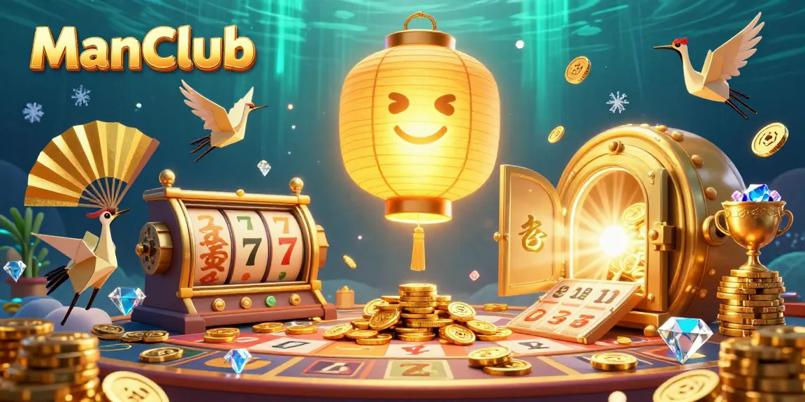 Experience the excitement of ManClub with a magical 3D casino scene featuring games and luck symbols.