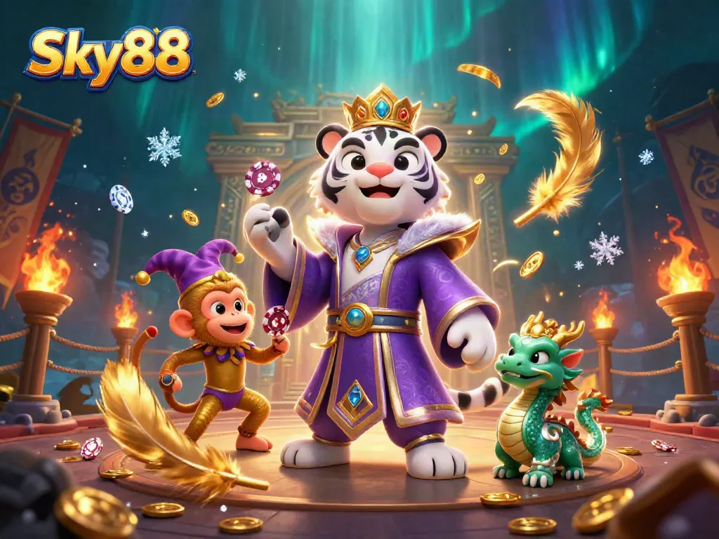 Experience the thrill of Sky88 with a vibrant casino scene featuring a royal tiger, juggling monkey, and glowing jade dragon.