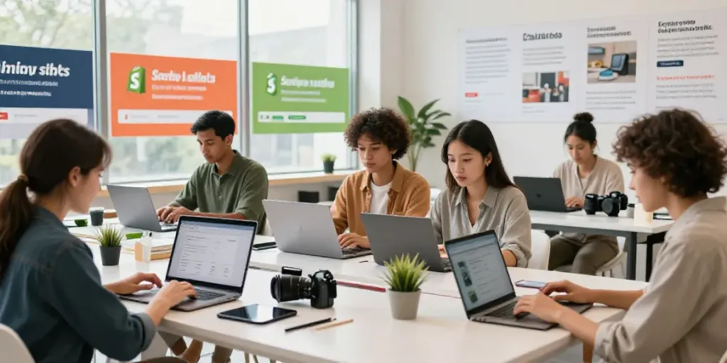 Engaging scene of diverse individuals buying and selling Shopify stores in a vibrant digital marketplace.