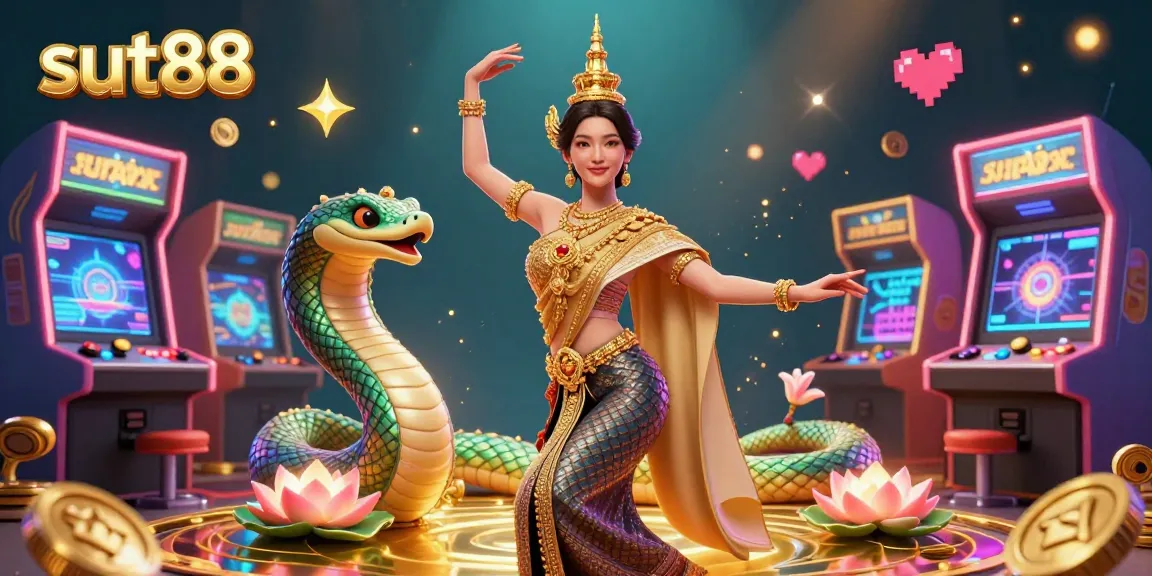 Sut88 online casino illustration showcasing vibrant games with a Thai dancer and Naga serpent.