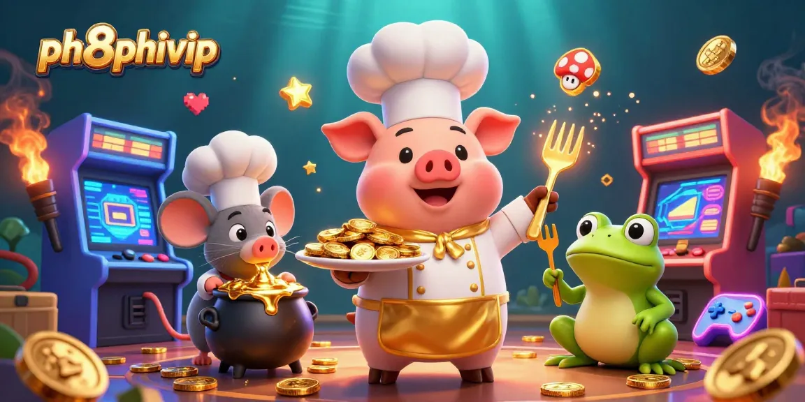 Enhance your skills at ph8phivip with an engaging scene featuring a chef pig and golden gaming elements.
