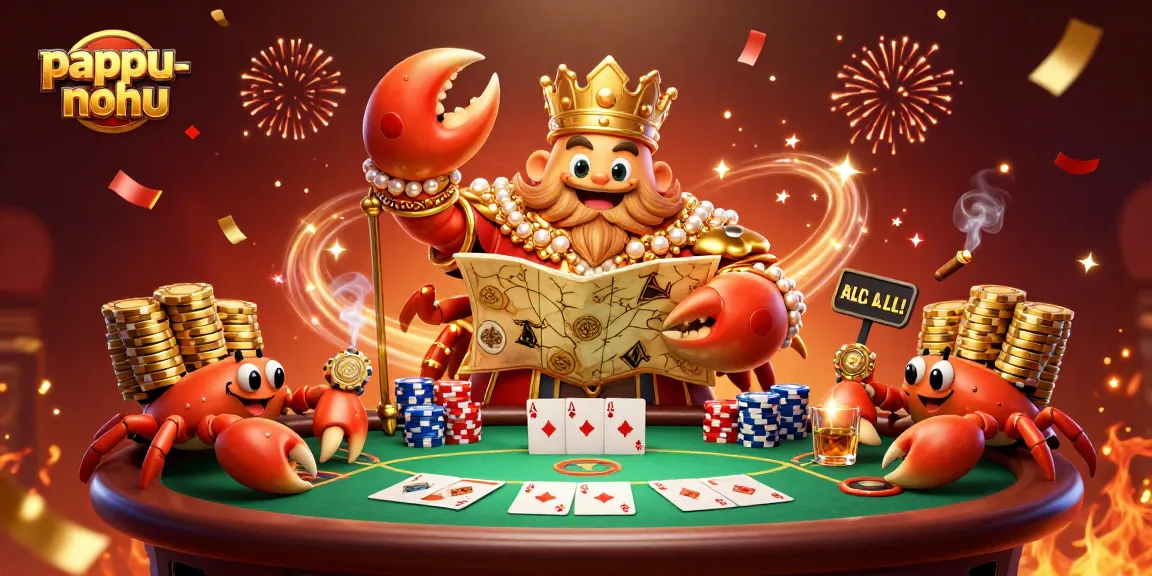 Pappu-nohu gaming experience with a golden crab emperor and poker elements in vibrant casino scene