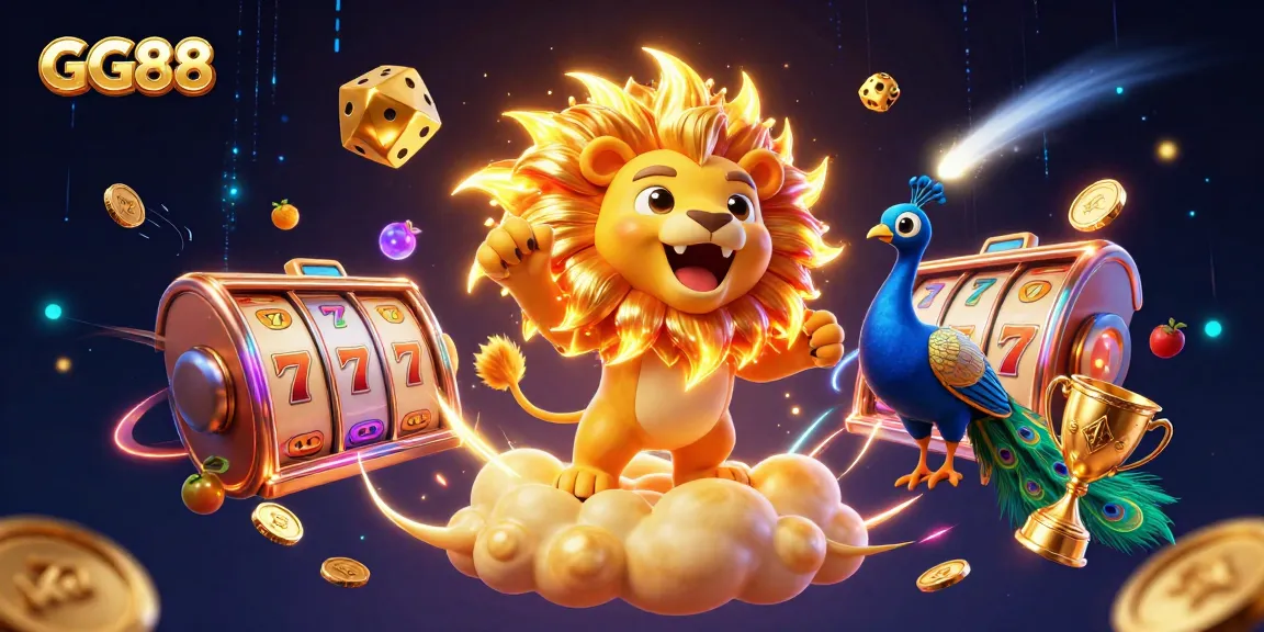 Engage with GG88's vibrant casino world through a captivating illustration of slot reels and golden treasures.