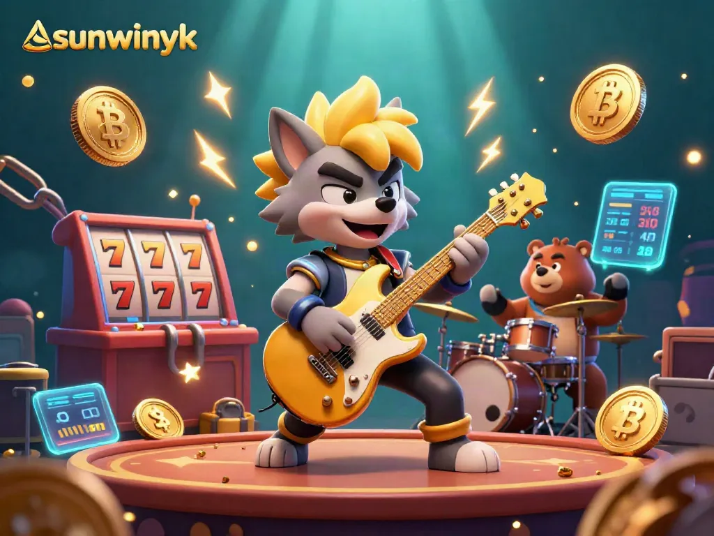 sunwinyk's casino scene with a rock star wolf and drummer bear amidst slot reels and neon cryptocurrencies