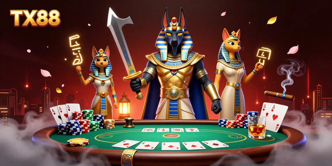 Experience exhilarating gameplay with TX88 at a vibrant poker table adorned with colorful chips and cards.