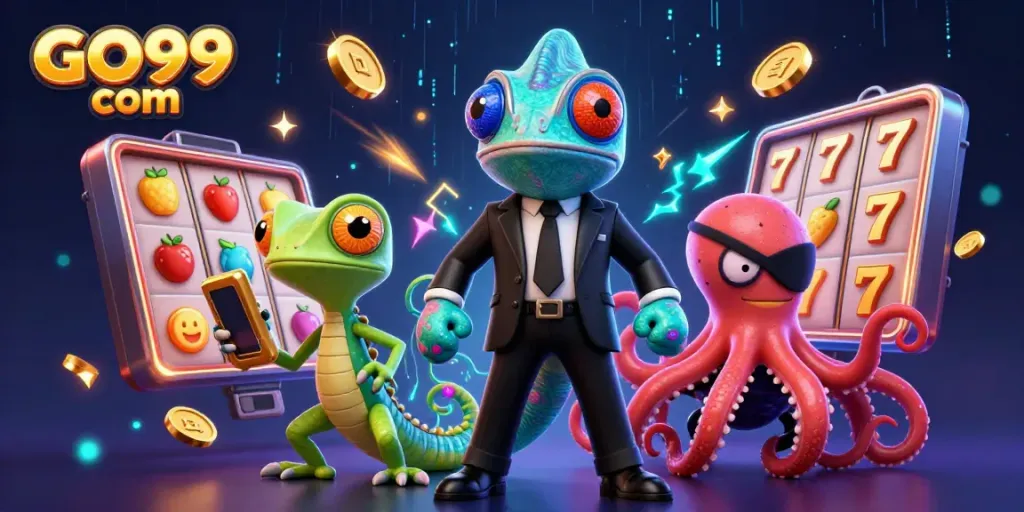 Engage with GO99 com as a chameleon, gecko, and octopus spin slots in a vibrant casino world.