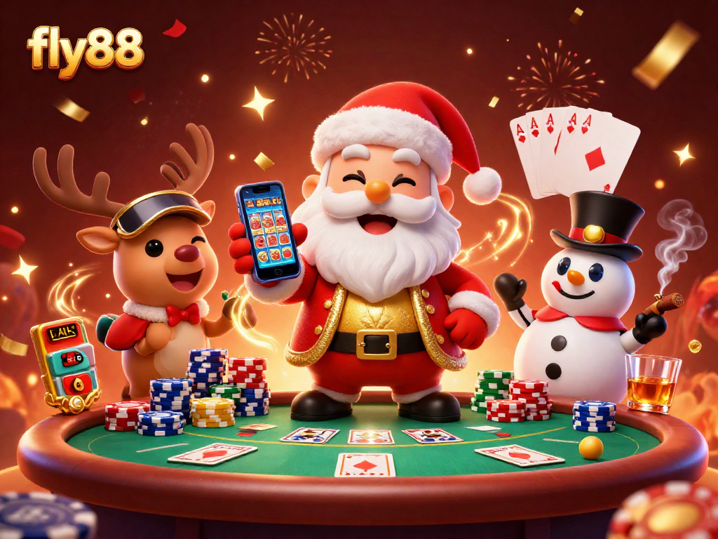 Experience the thrill of fly88 with Santa Claus and friends around a vibrant casino scene.