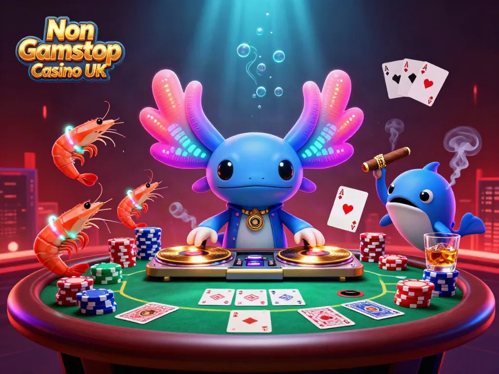 Experience excitement in a Non Gamstop Casino UK with a vibrant scene of a neon axolotl DJ spinning while poker chips and cards fill the atmosphere.