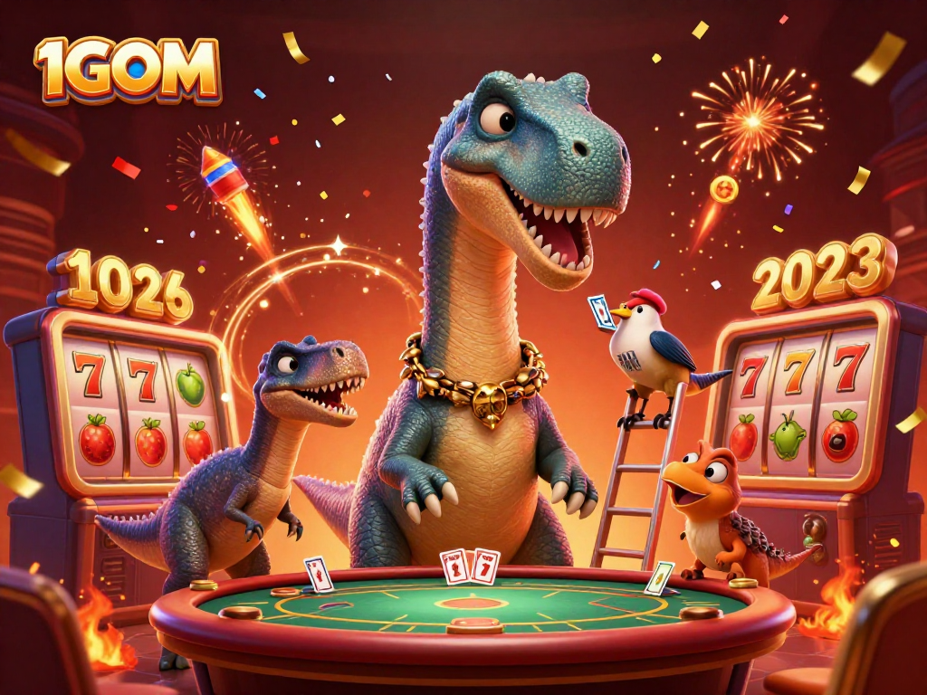 Engage with 1GOM's vibrant casino atmosphere featuring a brontosaurus and raptor at a poker table.