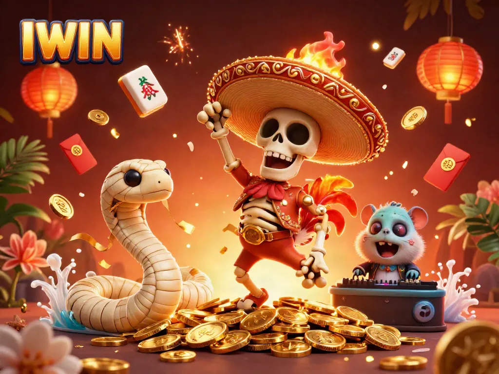 Join IWIN's exciting adventures with a mariachi skeleton, mummy snake, and DJ hamster celebrating gold achievements in a vibrant casino.
