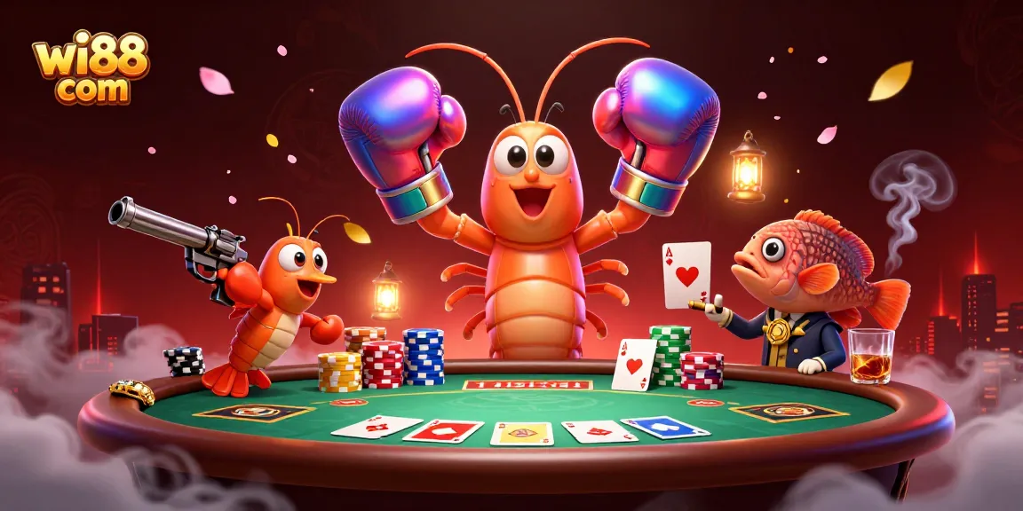 Create winning strategies at wi88 com with energetic mantis shrimp and poker elements in a vibrant casino scene.