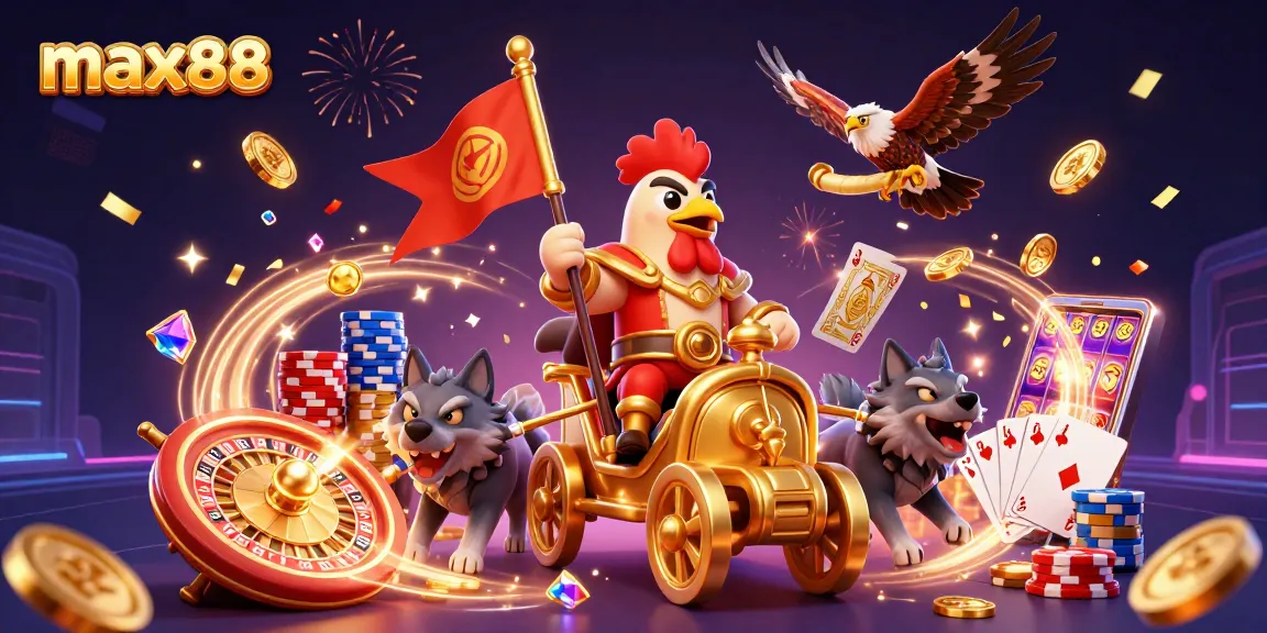 Join the action at max88 with a vibrant casino scene filled with thrilling game elements and characters.
