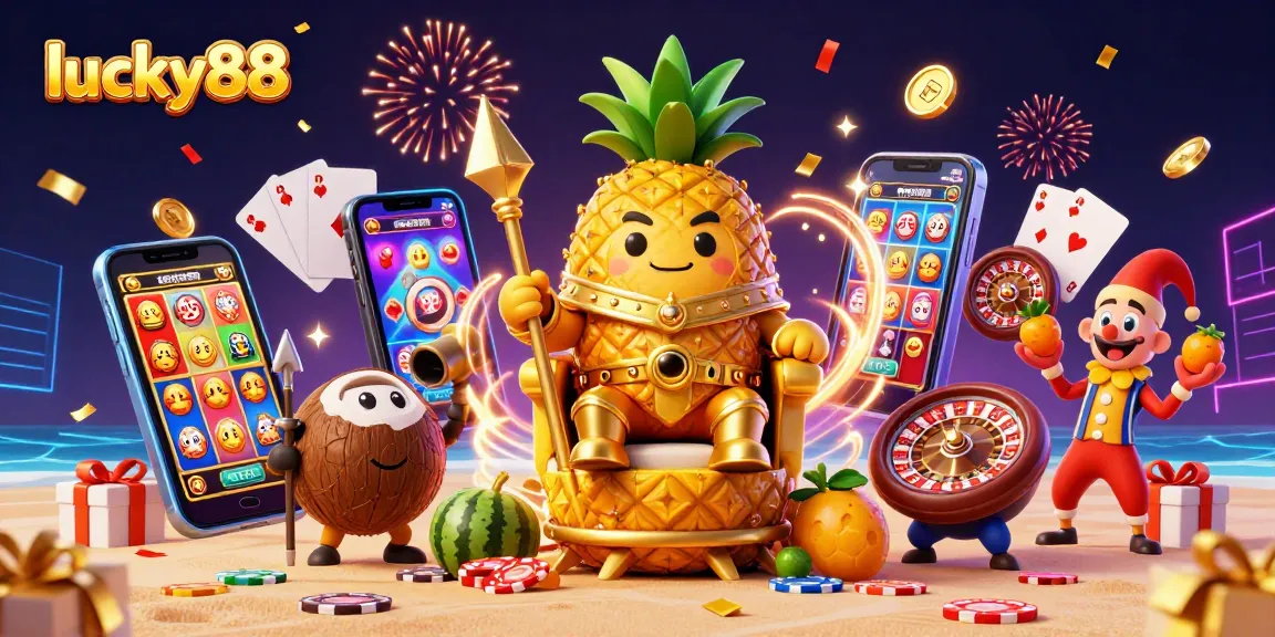 Experience excitement at lucky88 with a vibrant beach casino scene featuring dazzling characters and slot games.