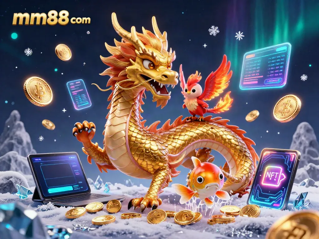 Experience excitement at mm88 com with vibrant casino-themed 3D visuals of dragons, koi fish, and crypto coins.