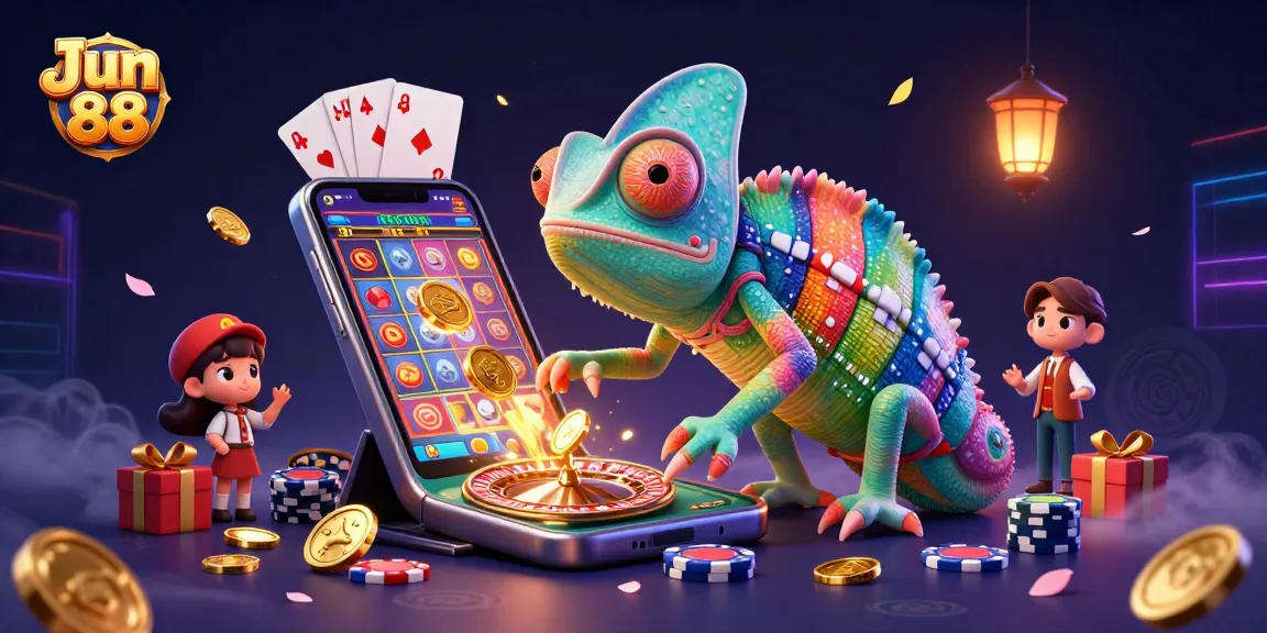 Engage in thrilling games at Jun 88, featuring an exciting 3D casino scene with a vibrant chameleon and dynamic slot game elements.