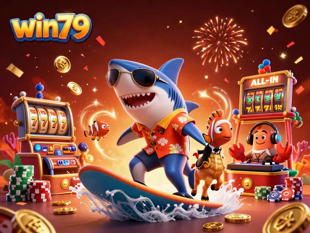 Experience win79 with a vibrant scene of a shark surfing on coins, showcasing exciting casino elements.