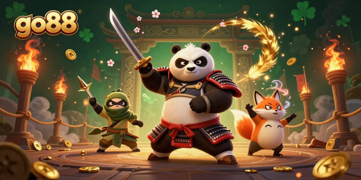 Experience the thrilling adventures of go88 with a vibrant 3D illustration featuring a samurai panda and ninja fox.