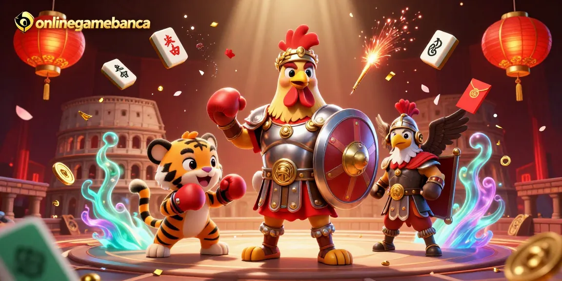 Engage with exciting gameplay at onlinegamebanca featuring a vibrant, action-packed 3D scene of rooster and tiger cub.