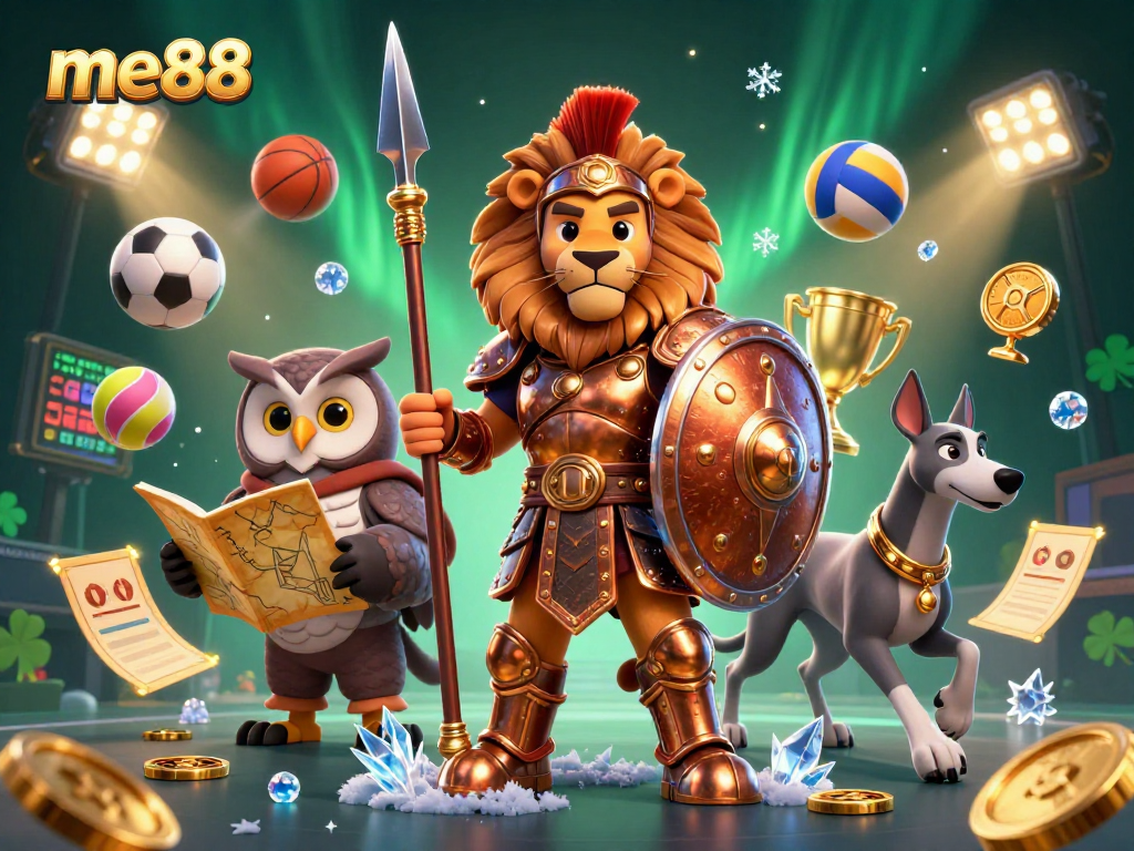 Engage with me88 for thrilling sports betting action featuring a lion, owl, and greyhound strategizing!