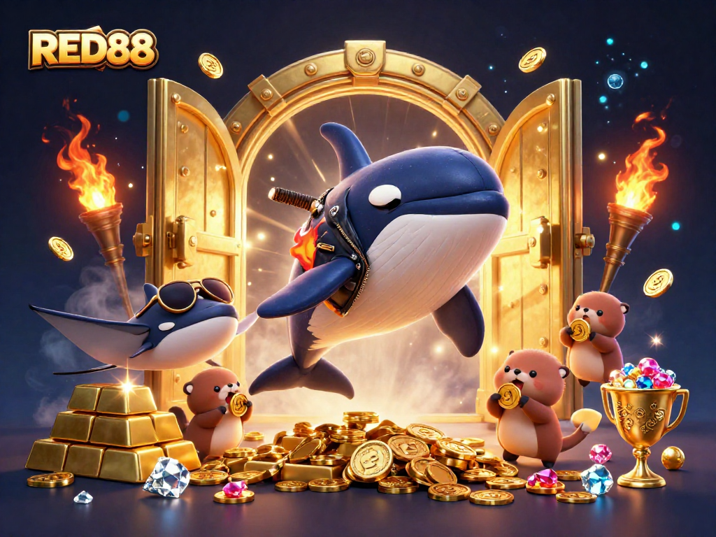 Play slots and win big at RED88 with this vibrant 3D illustration featuring treasure and excitement!